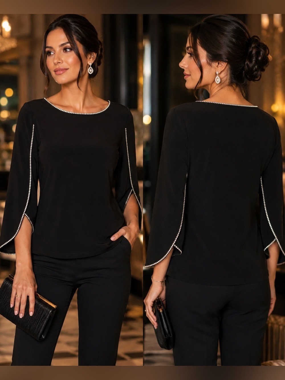 Elegant Black Rhinestone-Trim Evening Top